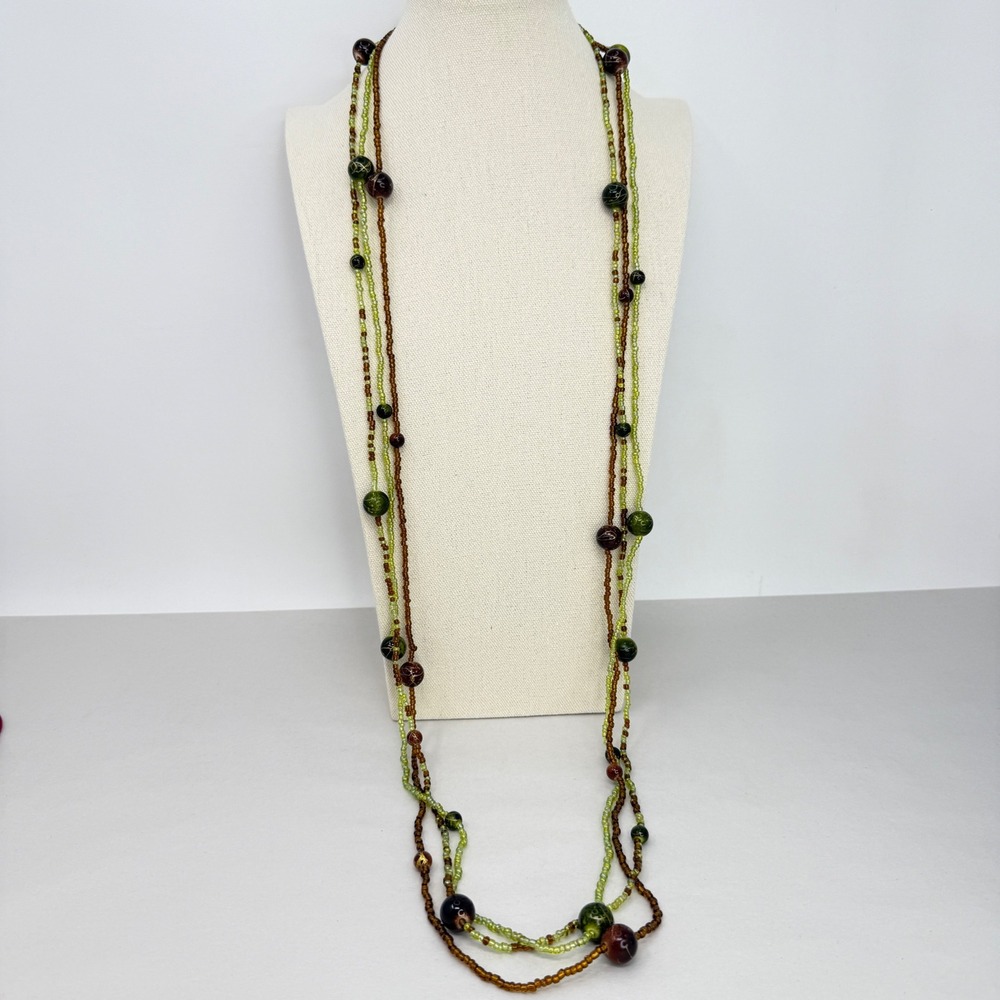 Glass Beaded Necklaces Set of 3 Olive Green Brown Boho Layering Long